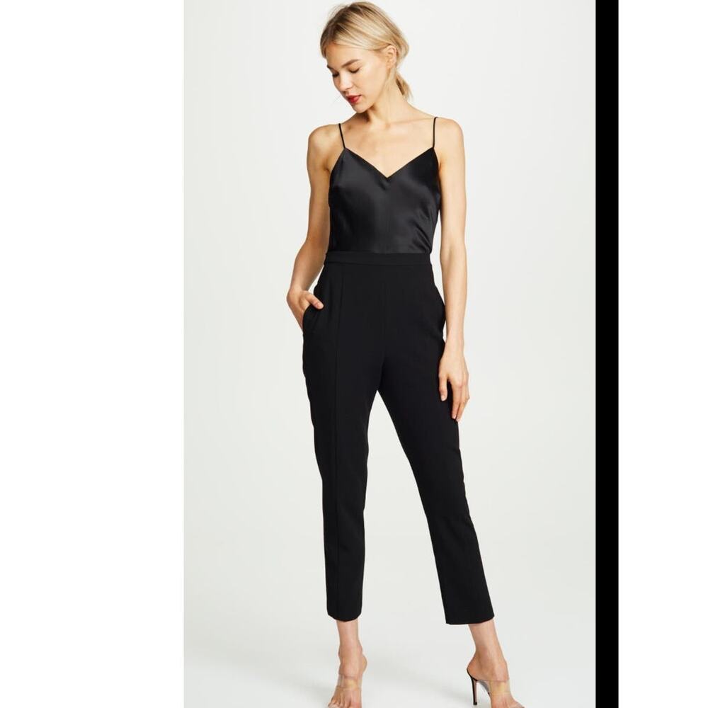 Black Halo Women's Silk Black Top Skinny Fitted Pockets Jumpsuit Size 2
